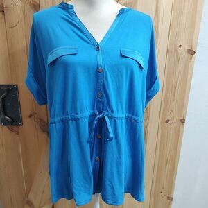 Alfani Vivid Blue Peplum Cinch Waist Blouse Top Sz 0X Retro Moda Business Casual